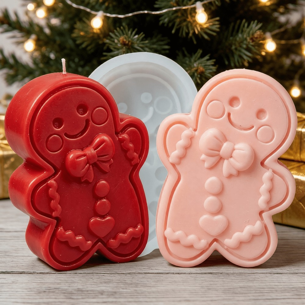 Soap Making Gifts - 蝶ネクタイをした踊るジンジャーブレッドマンのシリコンモールド、笑顔の漫画キャラクター、クリスマスの石膏、レジン、石鹸作りの装飾品、パーティーギフト